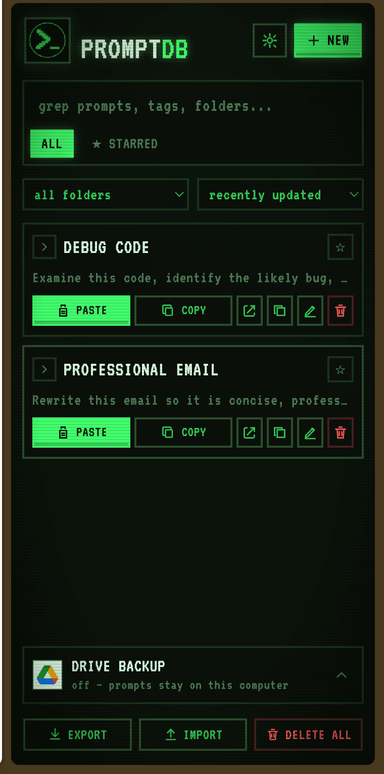 PromptDB side panel library